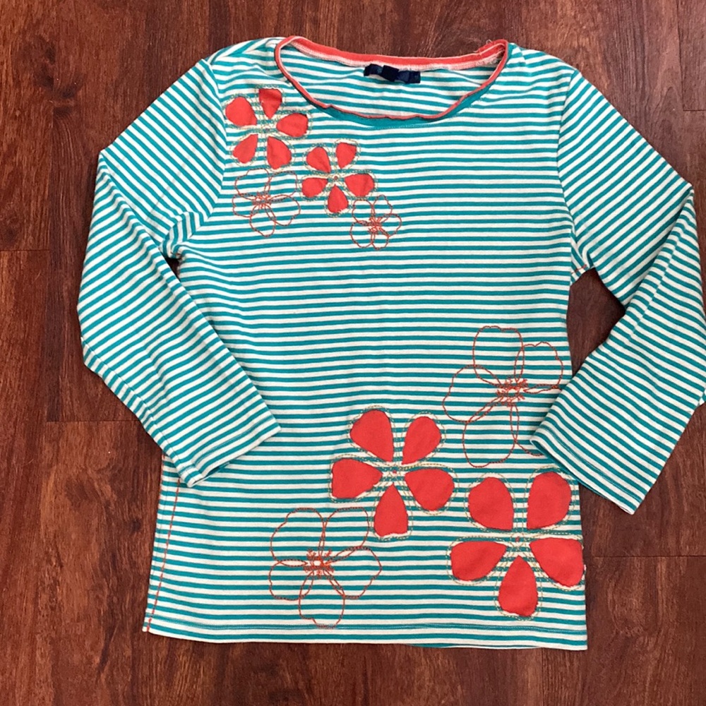Boden Girl Stripe Long Sleeve Top Turquoise & White Flower Embroider Sz 12